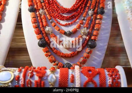 Coral jewelry in Croatia. Jewellery store window display in Korcula. Stock Photo