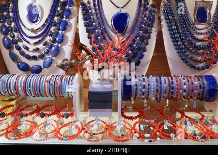 Coral jewelry in Croatia. Jewellery store window display in Korcula. Stock Photo