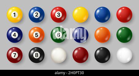 Colorful billiard, pool balls with numbers on gray background. Realistic glossy snooker ball. Vector illustration. Stock Vector