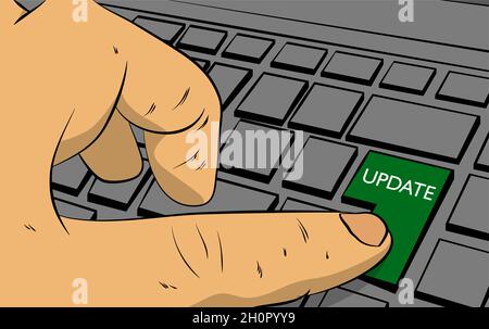Update word on computer keyboard. Man push keypad on keyboard. Comic book style concept. Stock Vector