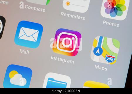 MOSCOW, RUSSIA - 13 OCT 2021: Instagram logo on the screen smartphone closeup Stock Photo