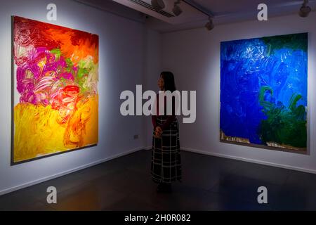 London, UK. 13th Oct, 2021. HF Anne 21, 2021 and HF 25 20, 2020 - A solo exhibition featuring recent paintings as well as historic works by Austrian artist Hermann Nitsch at Opera Gallery. Credit: Guy Bell/Alamy Live News Stock Photo