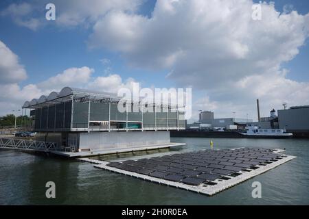 Rotterdam, The Netherlands. Panoramic view of the first floating dairy farm (offshore farming) in the world in the city environment with rowboat in fr Stock Photo