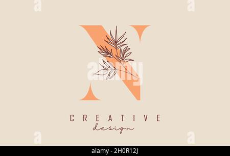 Orange shade N letter logo design with branch of leaves vector illustration. Minimalist icon for natural, eco and bio products. Stock Vector