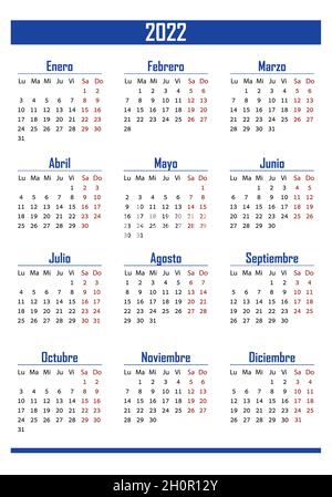 Vertical blue pocket calendar on 2022 year, spanish. Stock Vector
