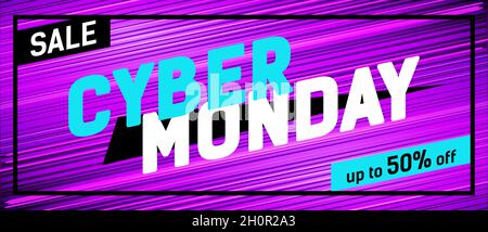 Cyber monday promo banner on a bright striped background. Stock Vector