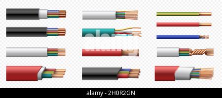 Realistic electric power coaxial cables with copper wire. 3d intertwined cable with plastic safety jacket. Conductor connection vector set Stock Vector