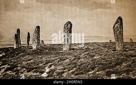 The Ring Of Brogar  (also known as the Ring of Brodgar, Brogar & Ring o' Brodgar)  standing stones, Orkney, Scotland , as they were in 1908. The  Neolithic henge and stone stand on   Mainland, Orkney island  constitutes the only major henge in Britain built as an almost  perfect circle.  nearby in the region are numerous stone circles ,  chambered tombs,  standing stones, barrows, cairns and mounds