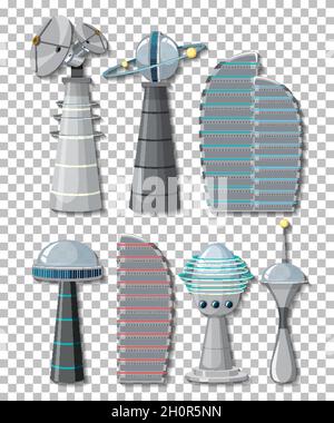 Set of satellite objects and elements on  illustration Stock Vector