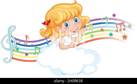 Cupid girl on the cloud with melody symbols on rainbow illustration ...