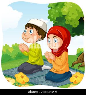 Muslim sister and brother in praying position cartoon character illustration Stock Vector