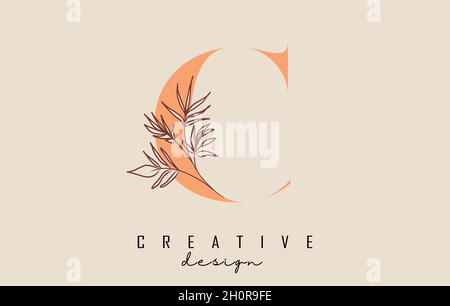 Orange shade C letter logo design with branch of leaves vector illustration. Minimalist icon for natural, eco and bio products. Stock Vector