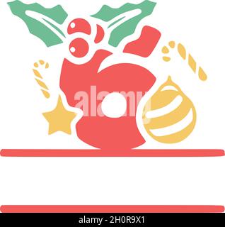 Number 6 is decorated with mistletoe and Christmas elements, personalized monogram, vector logo, emblems or initial design. Stock Vector