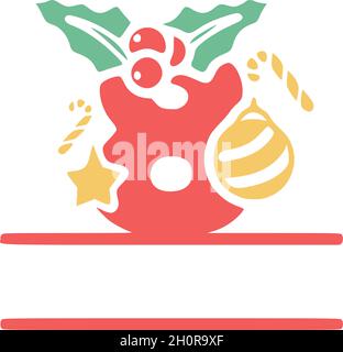 Number 8 is decorated with mistletoe and Christmas elements, personalized monogram, vector logo, emblems or initial design. Stock Vector