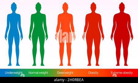 Women body mass index vector poster. Adult woman with different bodyweight sizes from underweight to overweight. Stock Vector
