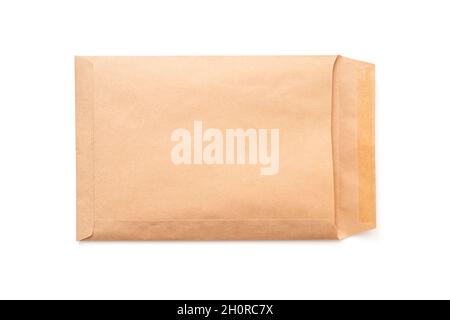 Opened brown paper envelope, A4 envelope isolated on white, top view Stock Photo