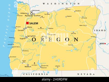 Oregon, OR, political map with the capital Salem. State in the Pacific Northwest region of the Western United States of America. Stock Photo