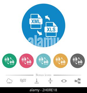 XML XLS file conversion flat white icons on round color backgrounds. 6 bonus icons included. Stock Vector