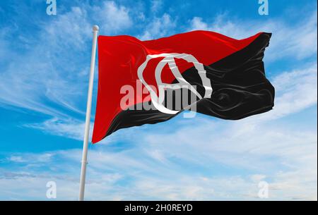 flag of  Anarchist with A symbol  at cloudy sky background on sunset, panoramic view. Anarchism symbol. copy space for wide banner. 3d illustration Stock Photo