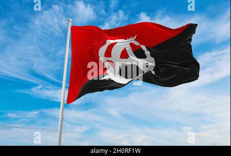 flag of Anarchist with A symbol  at cloudy sky background on sunset, panoramic view. Anarchism symbol. copy space for wide banner. 3d illustration Stock Photo