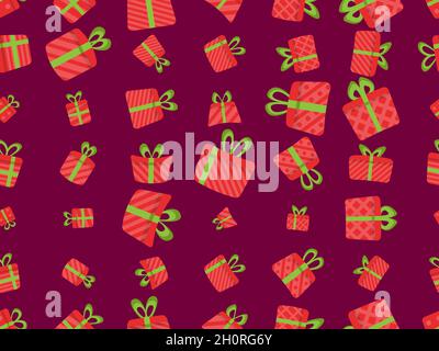 Seamless pattern with gift boxes and green ribbon. Gift boxes in flat style. Festive design for greeting card, wrapping paper, banners and promotional Stock Vector