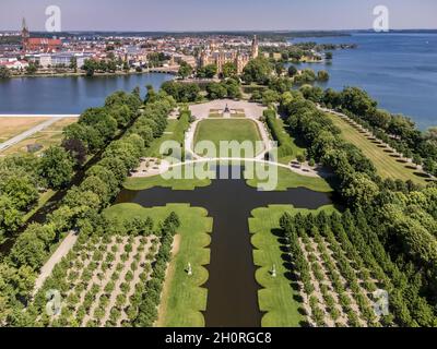 Aerial panoramic  view over castle Schwerin and castle grounds, Schwerin, Germany Stock Photo