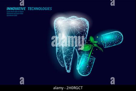 3D natural tooth care probiotics capsule concept. Anatomical molar tooth healthy enamel herbal alternative remedy. Homeopathy bacterial therapy dental Stock Vector