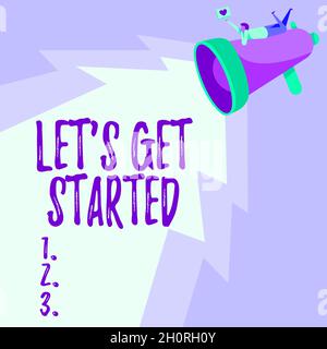 Text caption presenting Let S Get Started. Word Written on encouraging someone to begin doing something Man Drawing On Megaphone Producing Lighting Stock Photo