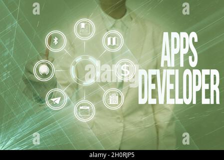 Writing displaying text Apps Developer. Business overview Graphic artist Software Programmer and Analyst Experts Lady In Uniform Holding Tablet In Stock Photo