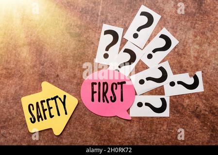 Handwriting text Safety First. Word for used to say that the most important thing is to be safe Writing Inquiries And Thinking Of New Ideas, Breaking Stock Photo