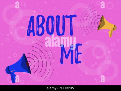 Text sign showing About Me. Word Written on telling someone list of your good and bad properties Pair Of Megaphones Drawing Producing Sound Waves Stock Photo