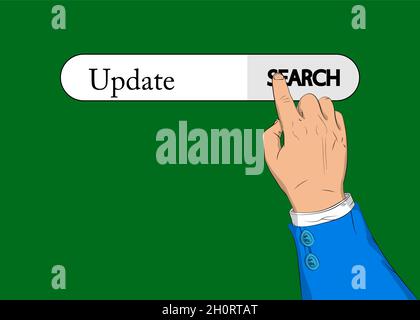 Virtual search bar with the text Update. Businessman pushing his right hand index finger to touch a search icon. Stock Vector