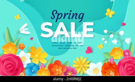 Spring sale promotion banner with paper cut flowers. Poster with 3d origami floral decoration. Fashion product discount offer vector design Stock Vector