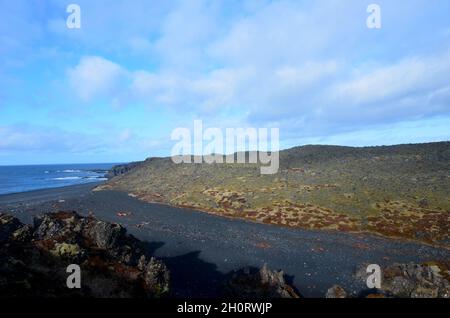 Stunning black lava sand beach of Dritvik in Iceland. Stock Photo