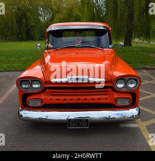 Vintage Stony 2018 - 1958 Chevrolet Apache pick-up - DAS 330 in Orange  view from front. Stock Photo