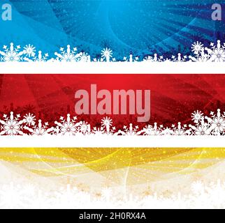 Abstract winter 3 color snowflakes banner background blue red gold Stock Vector