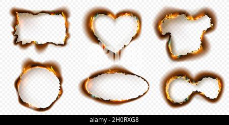 Burnt paper frames with charred edges and fire flames effect. Realistic circle, rectangle and heart shaped burning ash torn holes vector set Stock Vector