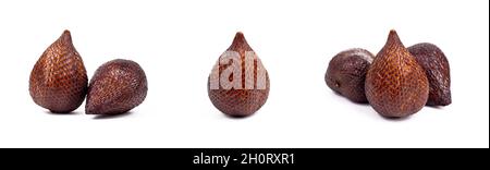 Fresh brown tropical salak fruit ripe set isolated on white background close up. Stock Photo