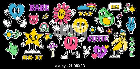 Retro cartoon stickers with funny comic characters and gloved hands. Contemporary abstract shape, banana, star and mushroom badge vector set Stock Vector