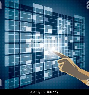 Hand pushing a button on a perspective blue touch screen Stock Vector