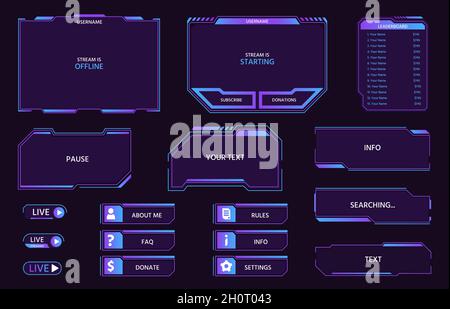 Digital futuristic ui panels and buttons, game live stream. Neon HUD frames, leaderboard, menu and bars for video streaming show vector set Stock Vector
