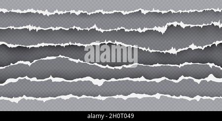 Torn paper strip border, page with ripped edges. Realistic torned paper. Frame of tattered sheet pieces. Teared cardboard texture vector set Stock Vector