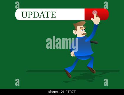Virtual search bar with the text Update. Cartoon Businessman jumping up to touch a search icon. Stock Vector