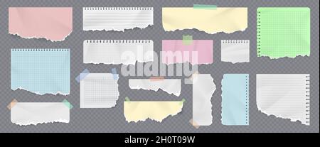 Colored paper notebook strips and pages with ripped edges. Realistic torn copybook pieces with duct tape. Crumpled sticky notes vector set Stock Vector