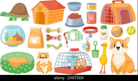 Cartoon pet food, accessories, care items, toys and treats. Animal shop supplies, collar, dog grooming, hamster cage and aquarium vector set Stock Vector