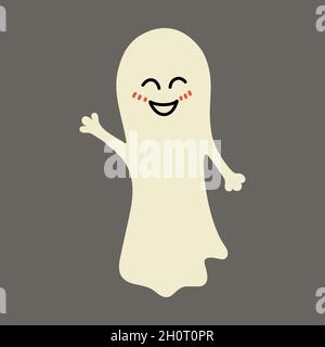 Cute happy ghost waving hand flat style Stock Vector