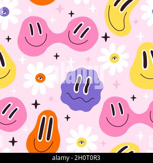 Melted smiley faces and flowers, trippy seamless pattern. Retro hippie psychedelic distorted emoji. Lava lamp smiley face vector wallpaper Stock Vector