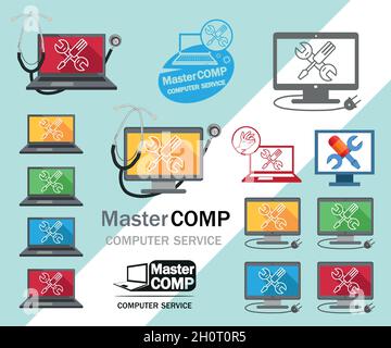Set computer Service. Computer repair service. Laptop with screwdriver and wrench. PC repair label. Desktop Service. Stock Vector