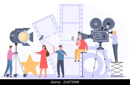 Movie production team shooting film actor on camera. Flat cinema director and crew record video scene. Movie making industry vector concept Stock Vector
