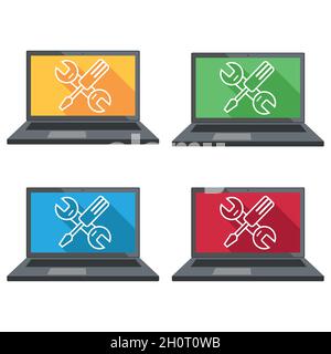 Set computer Service. Computer repair service. Laptop with screwdriver and wrench. PC repair label. Desktop Service. Stock Vector